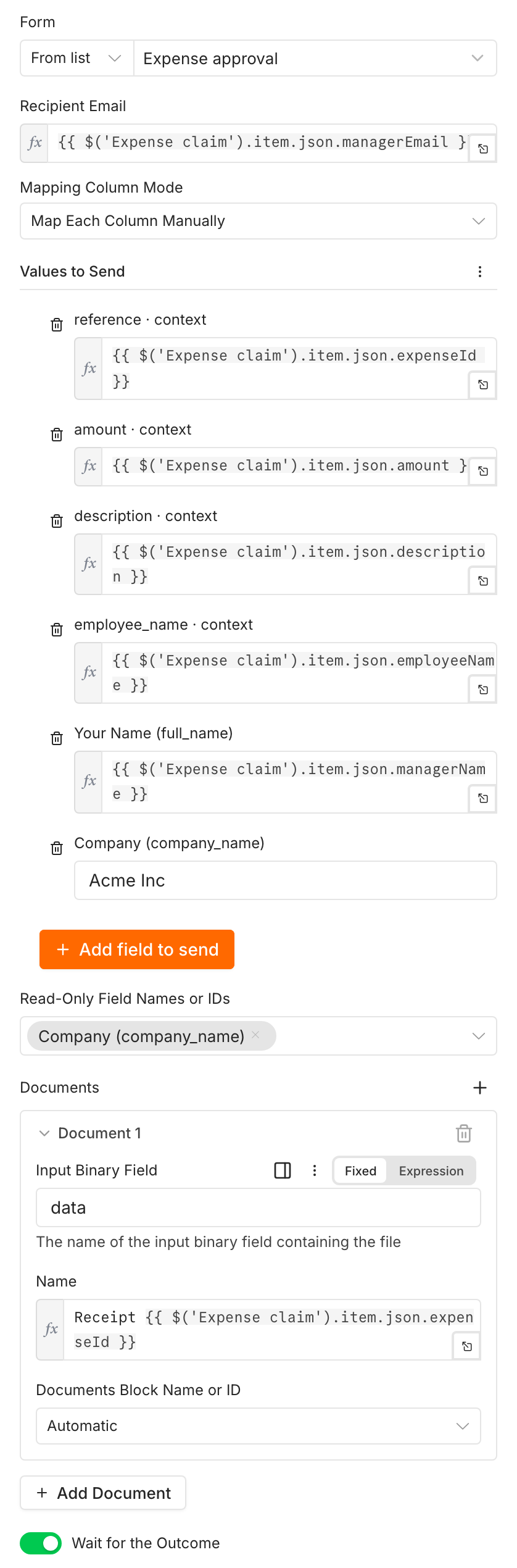 The Ask the manager node: Form Expense approval, Recipient Email from the Expense claim node, Values to Send with reference, amount, description and employee_name marked context, Your Name and Company Acme Inc, Company locked under Read-Only Field Names or IDs, a document from the binary field data named Receipt with the expense ID in the Automatic Documents block, and Wait for the Outcome on