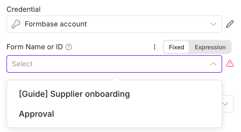 The formbase Trigger's form dropdown open, listing [Guide] Supplier onboarding and Approval