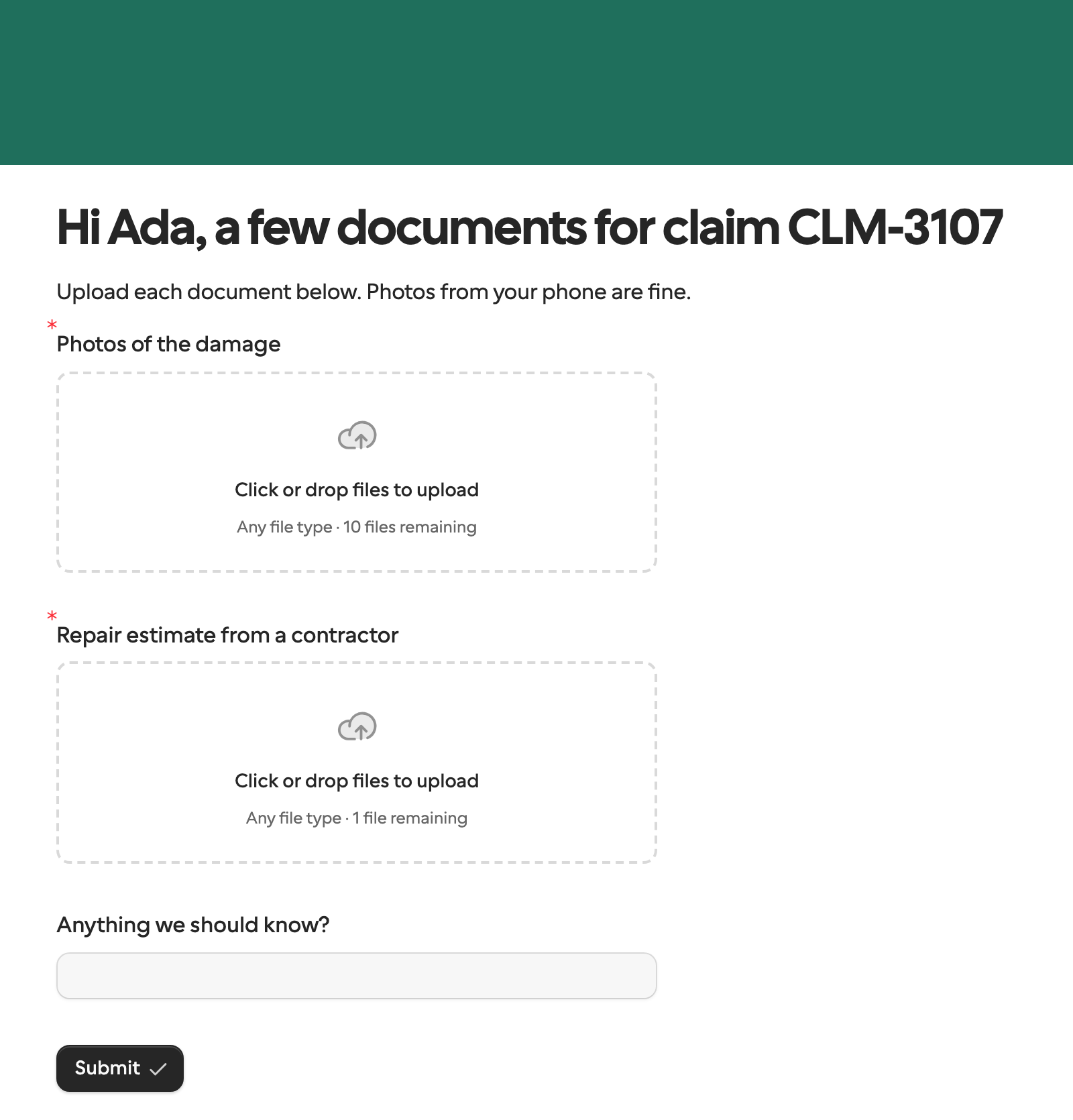 The request page: Hi Ada, a few documents for claim CLM-3107, Upload each document below, a file upload for Photos of the damage with 10 files remaining, one for the Repair estimate from a contractor with 1 file remaining, and an optional note