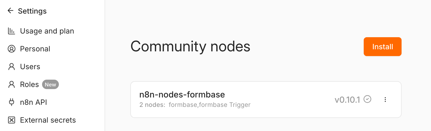 Settings › Community nodes listing n8n-nodes-formbase, version 0.10.1, with 2 nodes: formbase, formbase Trigger