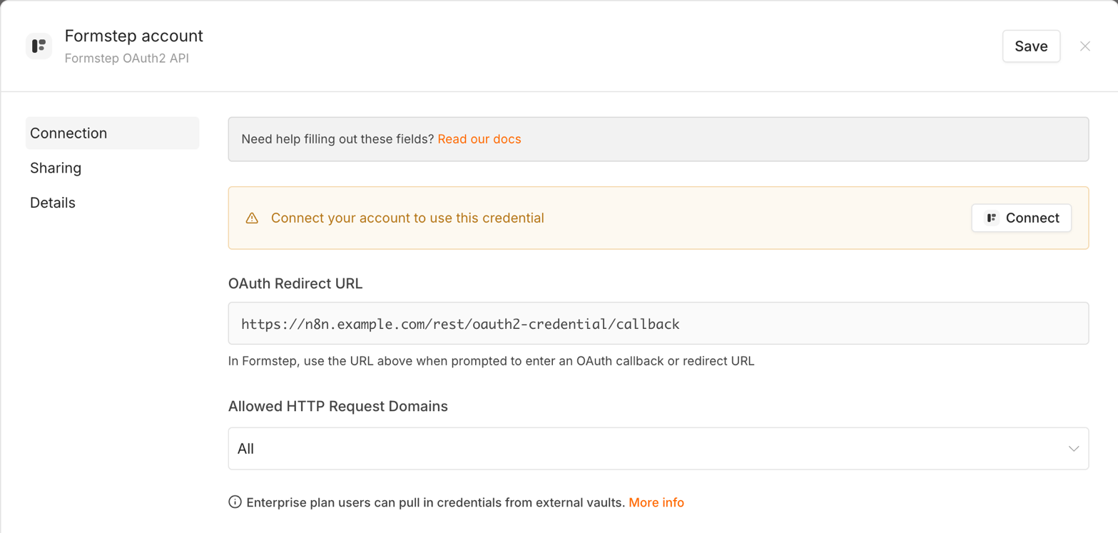 The Formbase OAuth2 API credential: a Connect button, the OAuth Redirect URL https://n8n.example.com/rest/oauth2-credential/callback, and Allowed HTTP Request Domains set to All