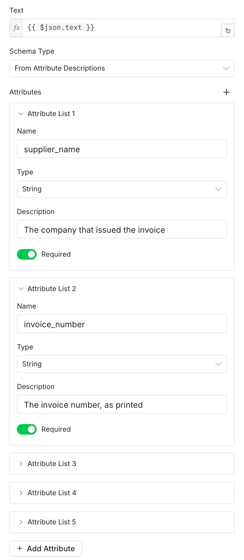 The Information Extractor node: Text {{ $json.text }}, Schema Type From Attribute Descriptions, and the first two attributes supplier_name and invoice_number open with their type, description and Required on