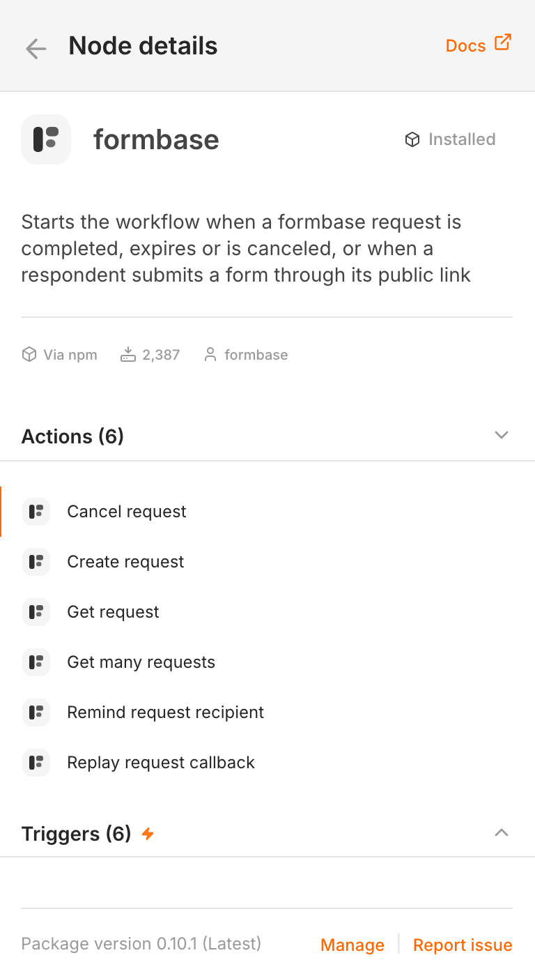 The node details of formbase, marked Installed, with Actions (6): Cancel request, Create request, Get request, Get many requests, Remind request recipient and Replay request callback, and a collapsed Triggers (6) section