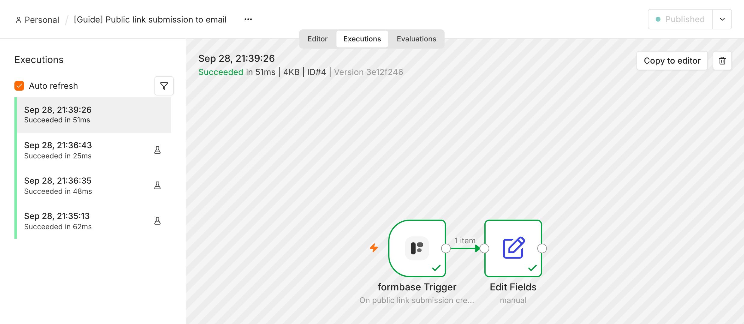 The Executions tab of the published workflow: the latest run Succeeded in 51ms with no flask icon, three earlier test runs with a flask icon, and the canvas showing formbase Trigger passing 1 item to Edit Fields