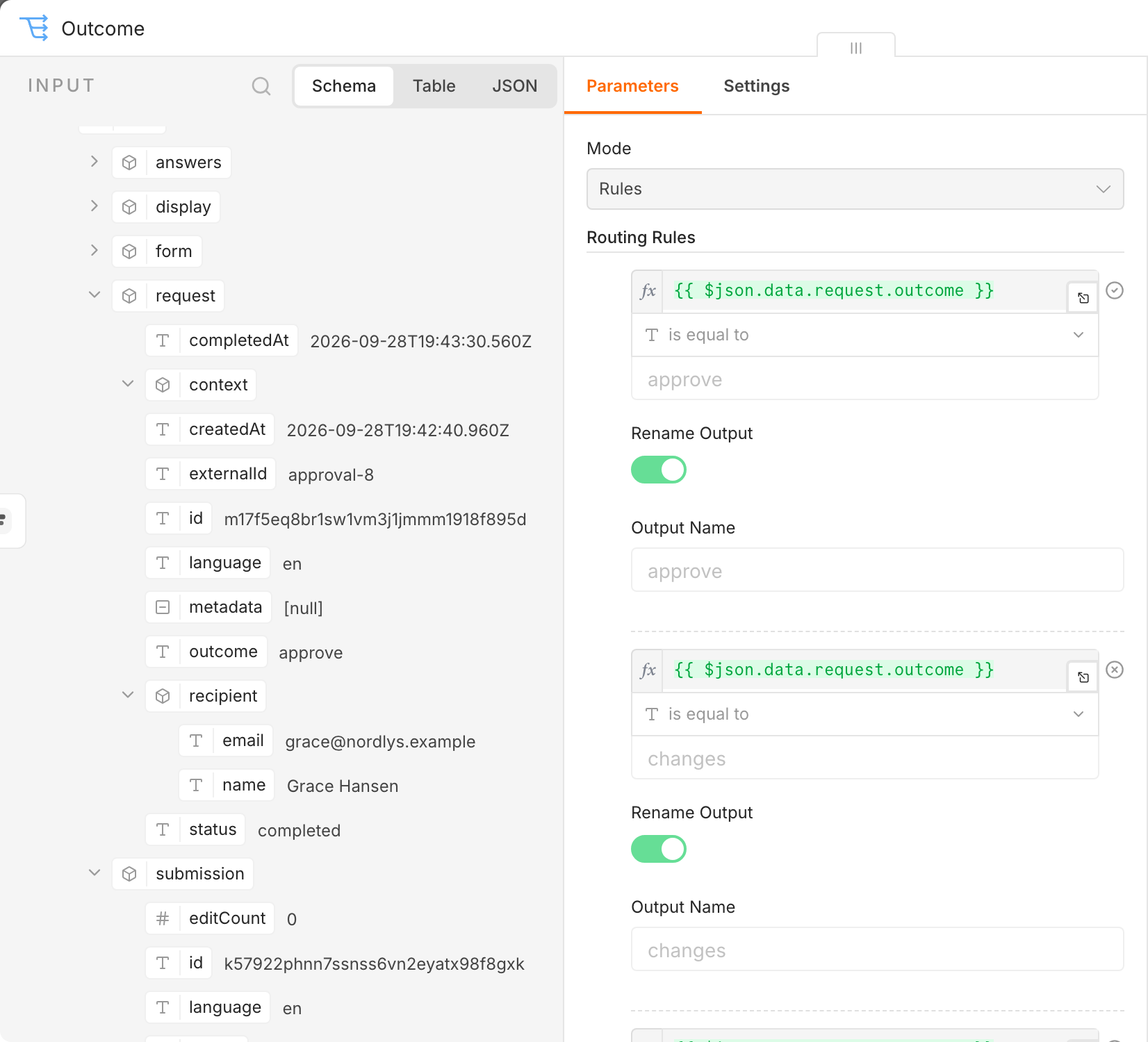 A Switch node named Outcome: the input shows data › request with outcome approve, externalId approval-8 and the recipient Grace Hansen; the routing rules compare {{ $json.data.request.outcome }} with approve and changes, each with a renamed output