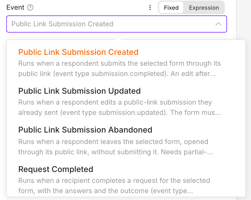 The formbase Trigger's Event dropdown open: Public Link Submission Created, Updated and Abandoned, then Request Completed, Expired and Canceled, each with a short description