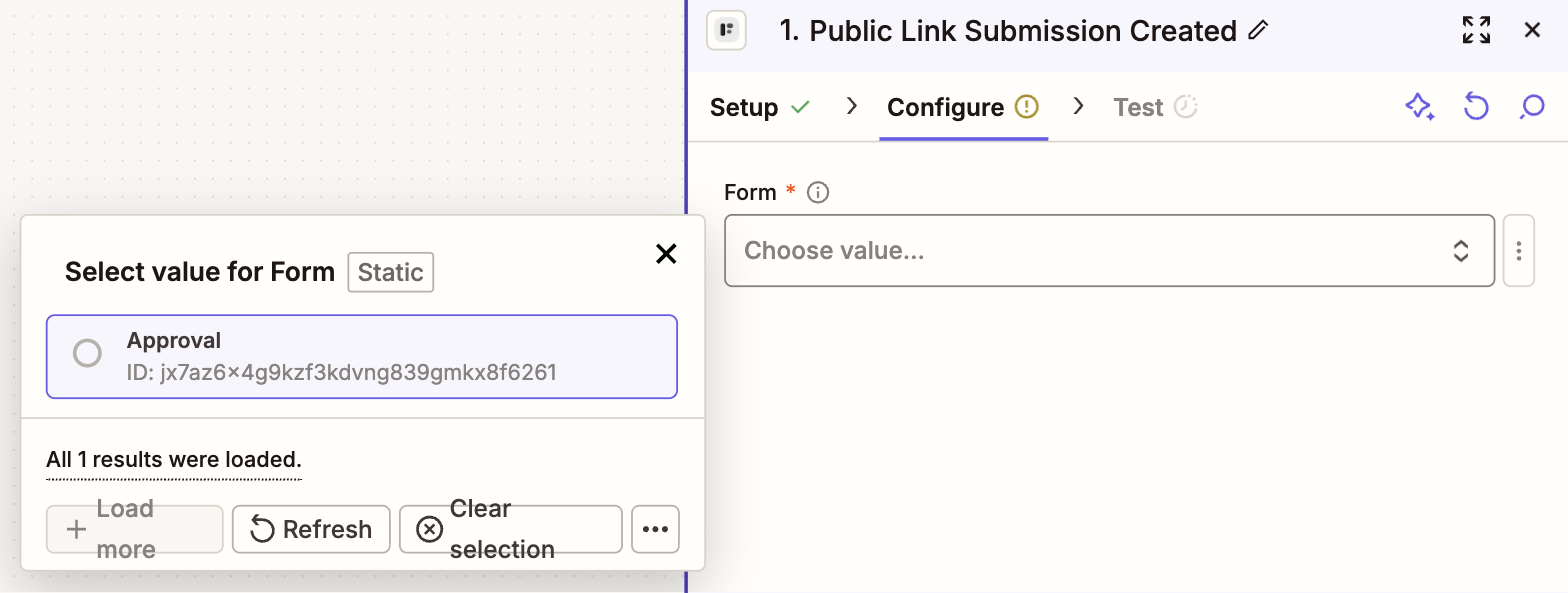 The Configure step with the Form dropdown open, listing the Approval form