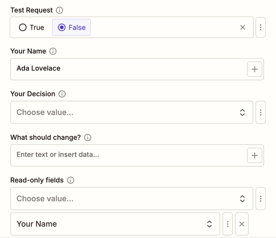 Test Request set to False, Your Name prefilled with Ada Lovelace, Your Decision and What should change? left empty, and Your Name picked under Read-only fields