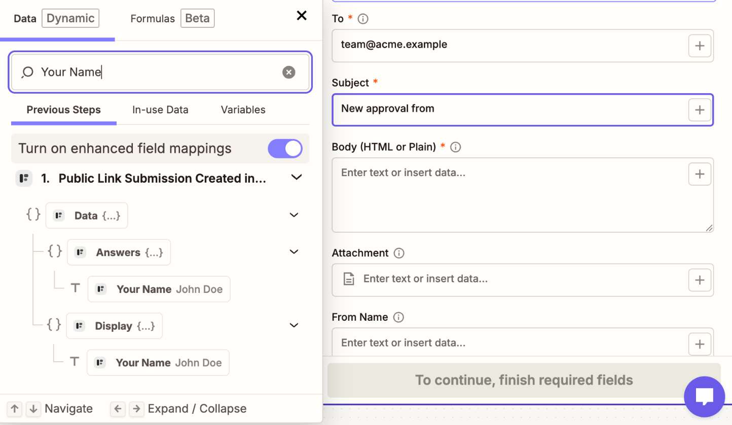 The Insert data panel searching for Your Name, showing it under Data › Answers and under Data › Display