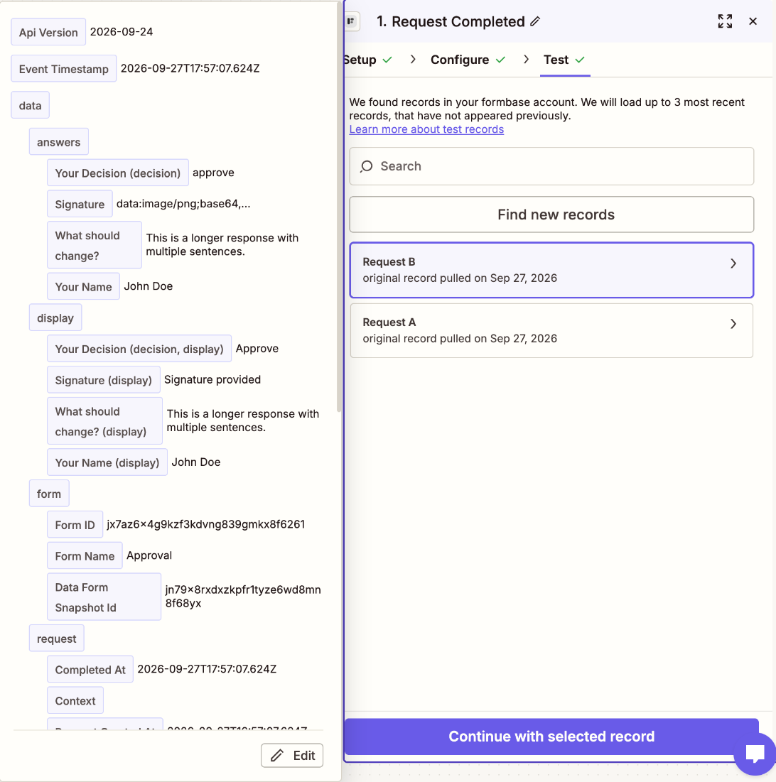 The Request B test record: data › answers with Your Decision (decision) approve, data › display with Your Decision (decision, display) Approve, then data › form and data › request