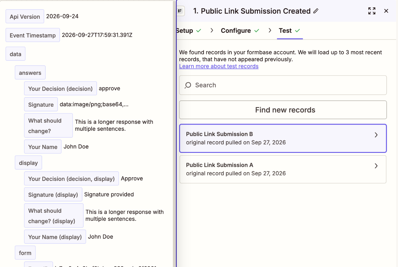 The test record for Public Link Submission Created, with data › answers listing Your Decision (decision), Signature, What should change? and Your Name, and data › display listing the same questions