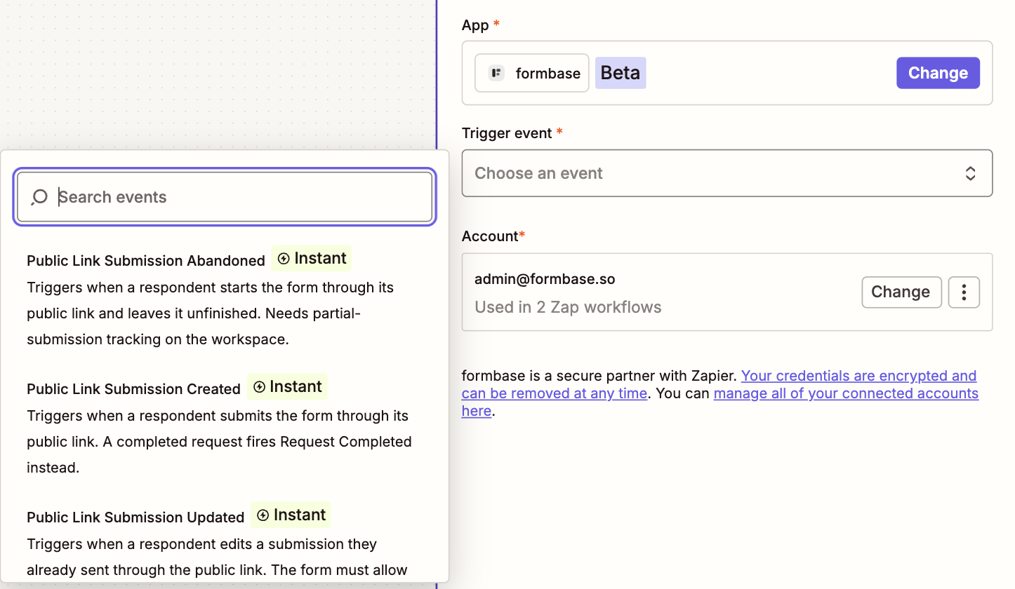 The formbase trigger event list: Public Link Submission Abandoned, Created and Updated, each marked Instant