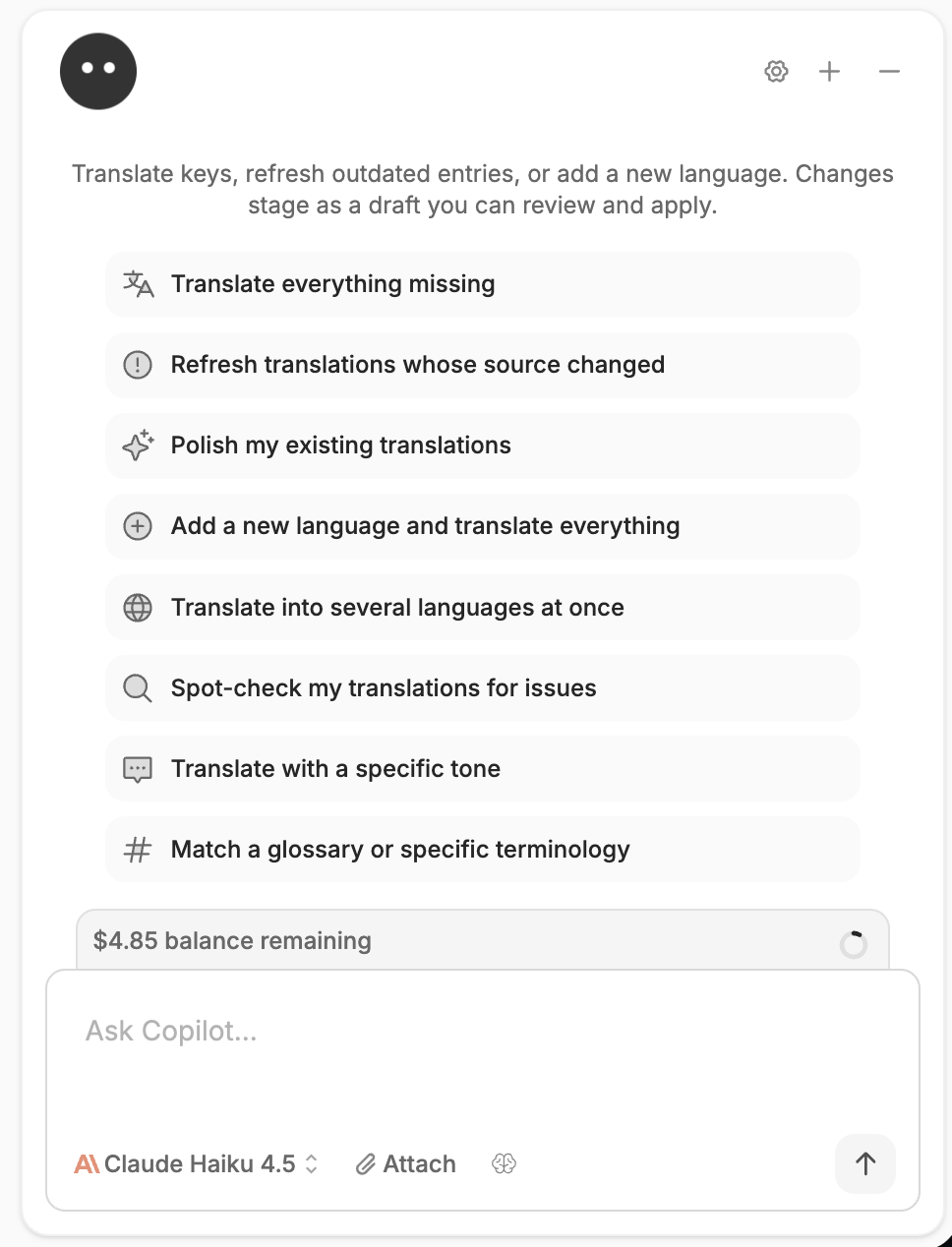 The AI chat side panel open on the right of the editor, showing starter prompt suggestions, a conversation, the message input, and the remaining AI credit balance shown above the input.
