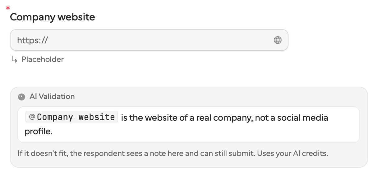 A Company website question in the editor with an AI Validation block under it reading: Company website is the website of a real company, not a social media profile.
