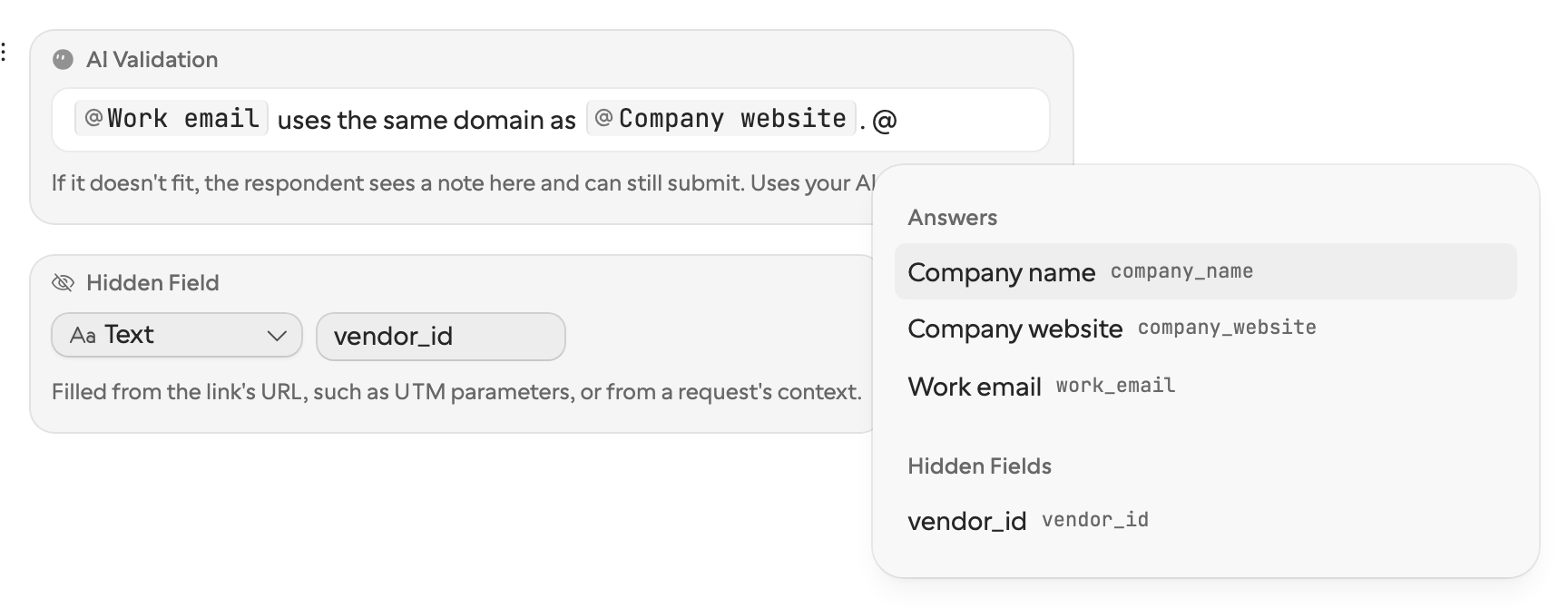 Typing @ inside an AI Validation opens a picker listing the questions above it under Answers and the hidden fields under Hidden Fields.