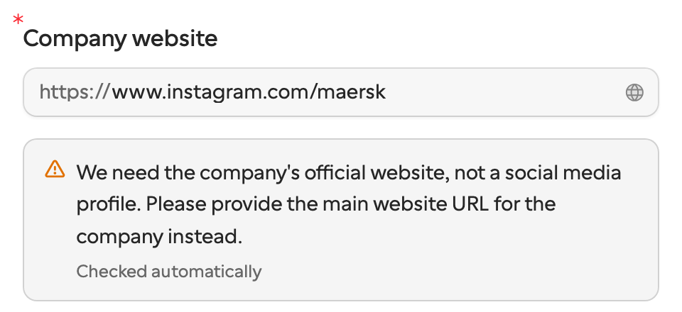 A Company website answer of instagram.com/maersk with a note under it saying a company website is needed rather than an Instagram profile, marked Checked automatically.