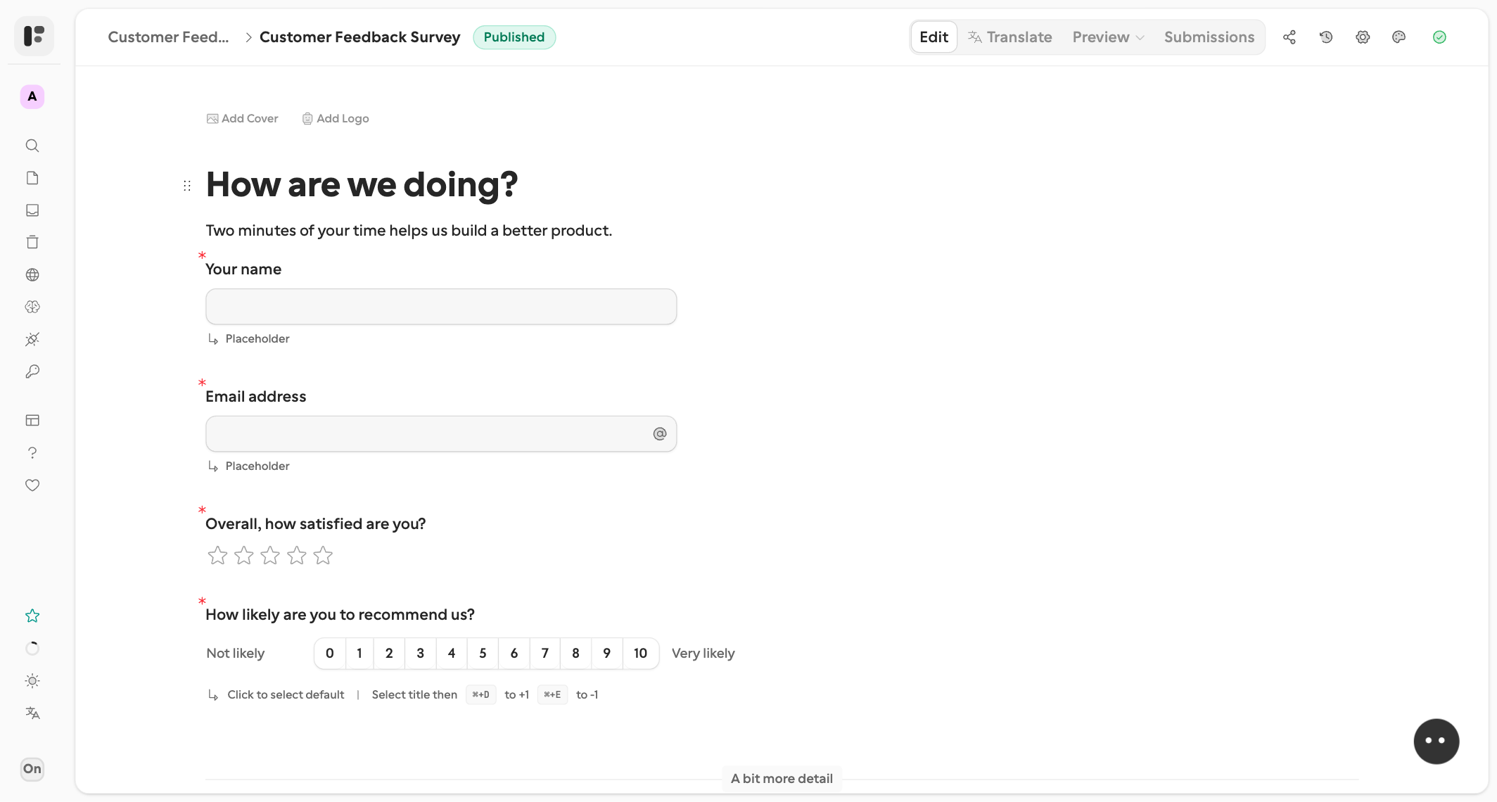 The form editor on a published form: the top toolbar with Edit, Translate, Preview, and Submissions, then Share, Publish history, Settings, Theme, and the green issue indicator; the canvas in the center; and the floating AI chat button in the bottom-right corner.