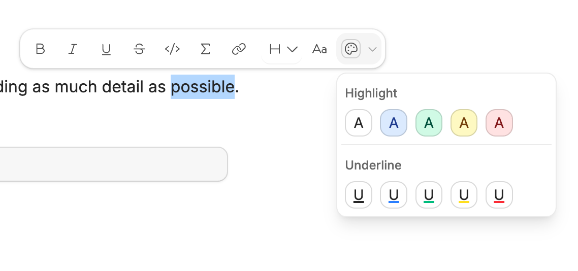 A run of text selected on the canvas with the floating formatting toolbar above the selection, showing bold, italic, link, font-family, and color controls.