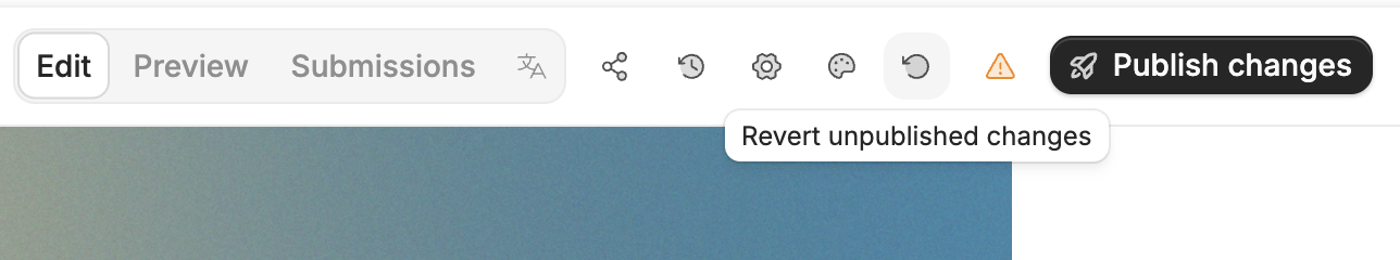 Close-up of the top toolbar showing the Edit/Preview toggle, the primary Publish button, and the Revert unpublished changes action available before publishing.