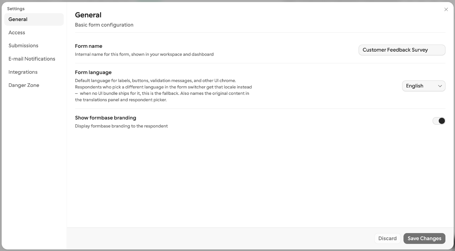 The Settings dialog open on the General tab, with its six tabs listed down the side: General, Access, Submissions, E-mail Notifications, Integrations, and Danger Zone.