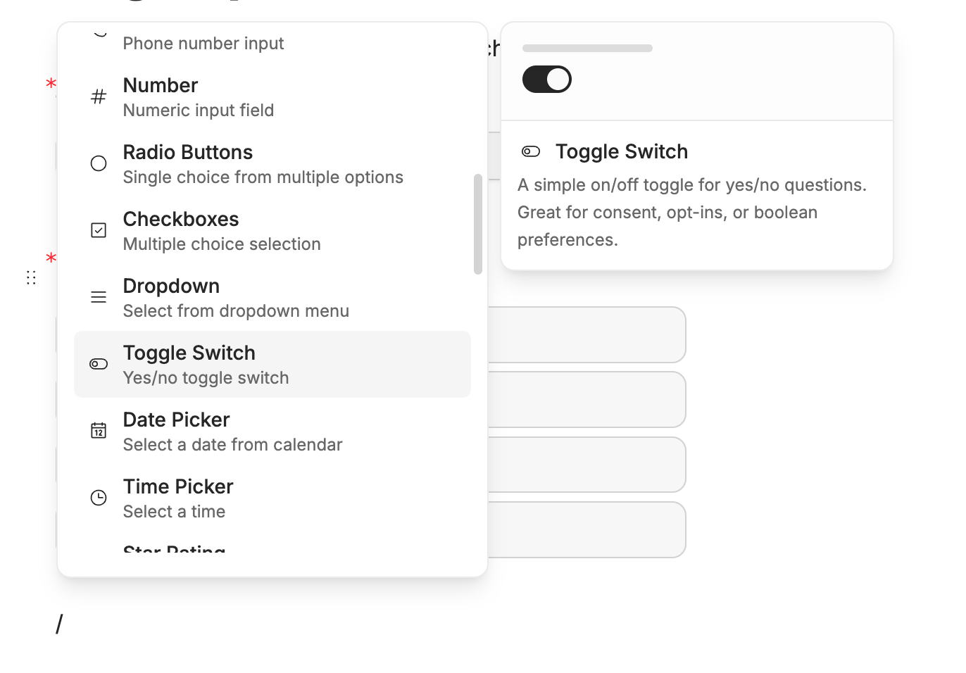 The slash menu open on the canvas after typing a slash, showing the four block categories — Basic Blocks, Form Fields, Layout, and Media — with their listed block types.