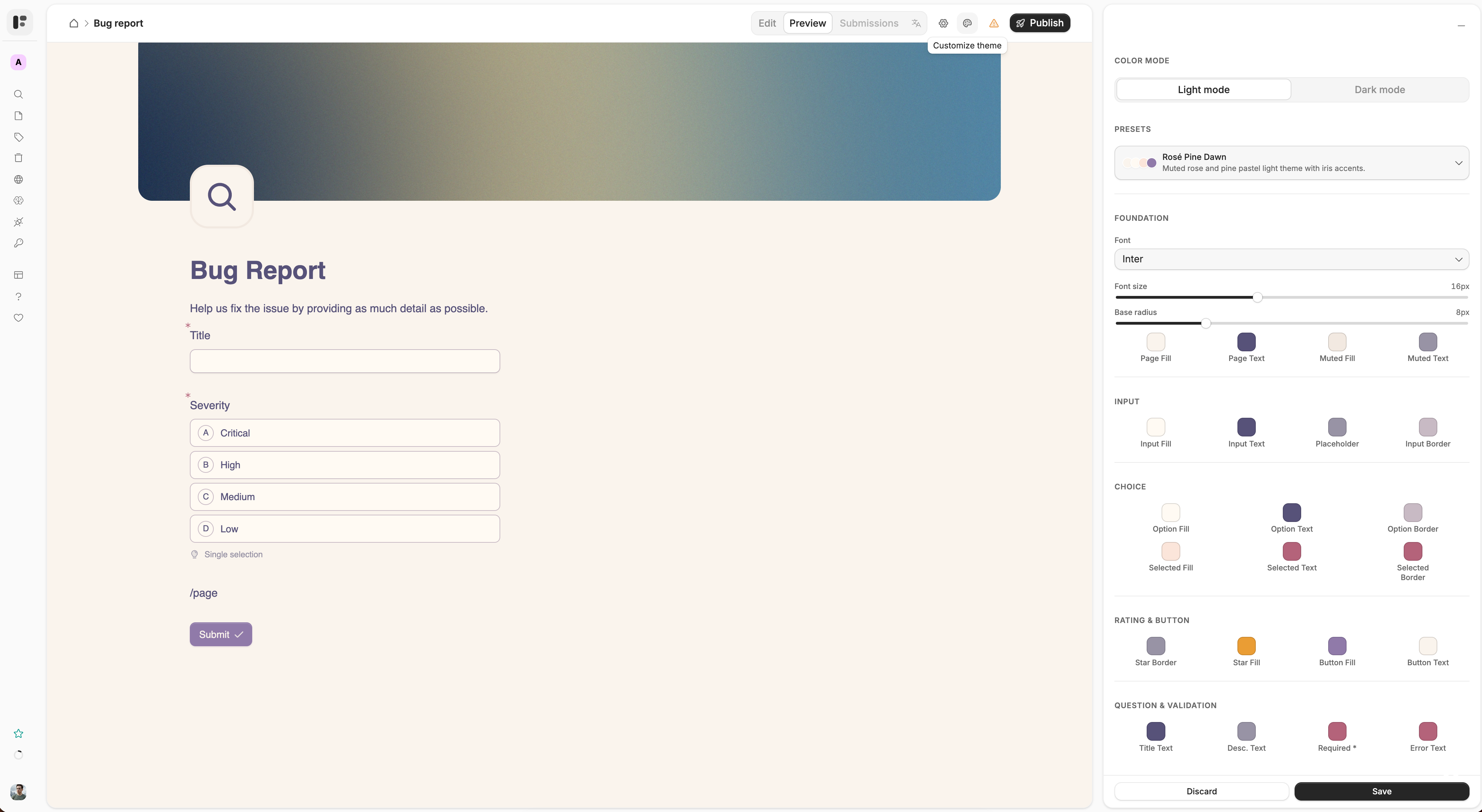 The docked Theme panel beside the canvas, showing the light/dark mode toggle, a row of preset themes, and expandable per-section controls for fonts, colors, inputs, choices, and buttons.