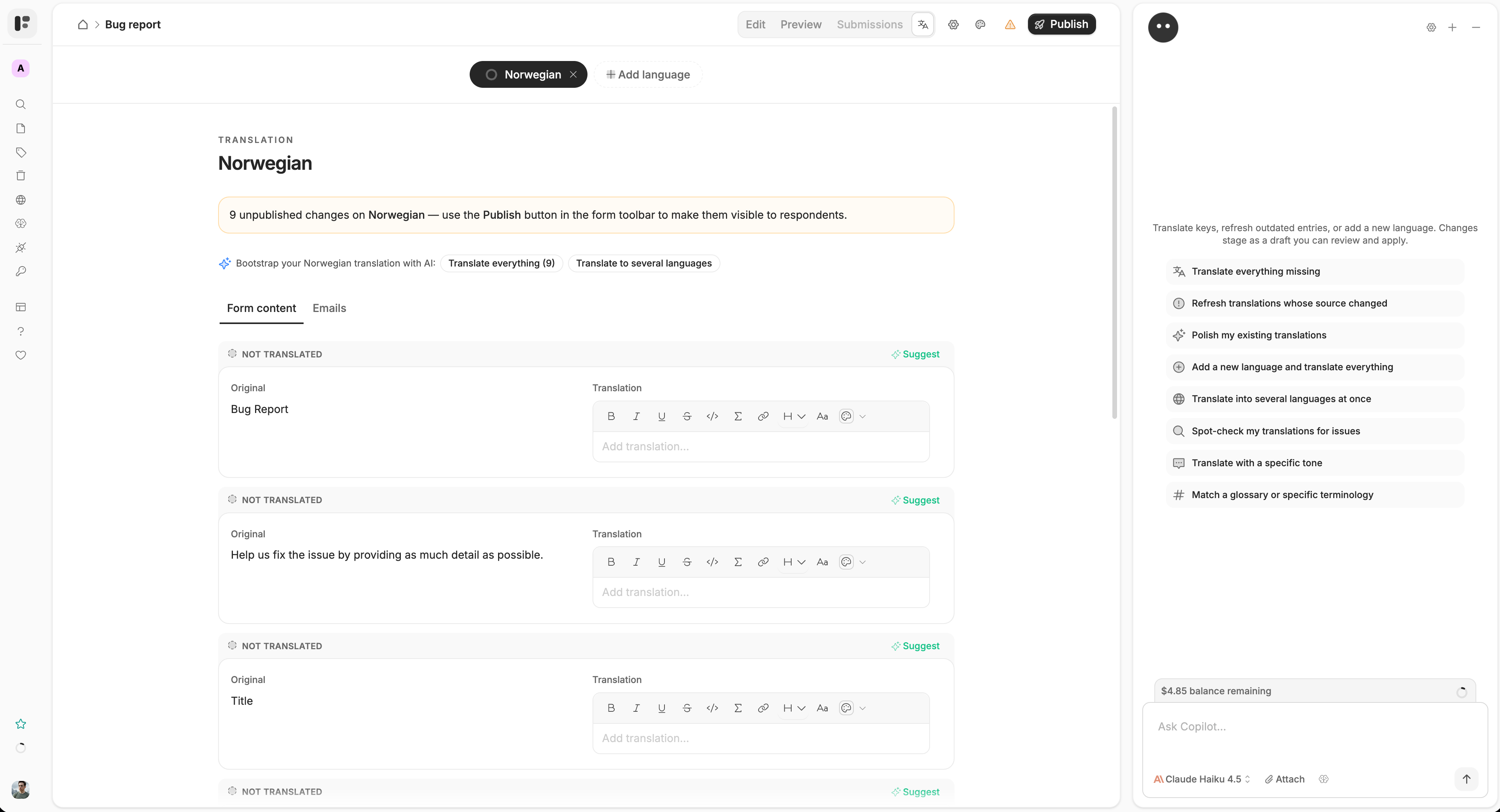 Translation editor showing source text and translated form rows