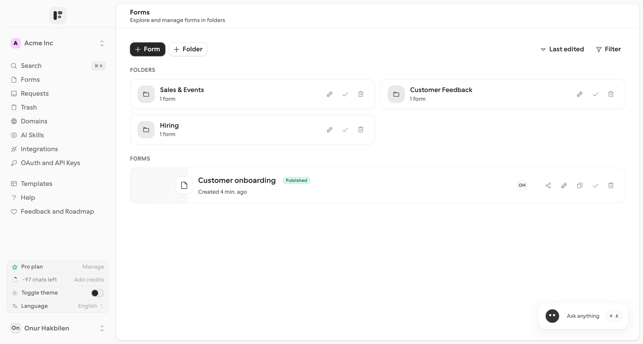 Dashboard showing the sidebar, the Forms page with folders and a form, and the AI launcher