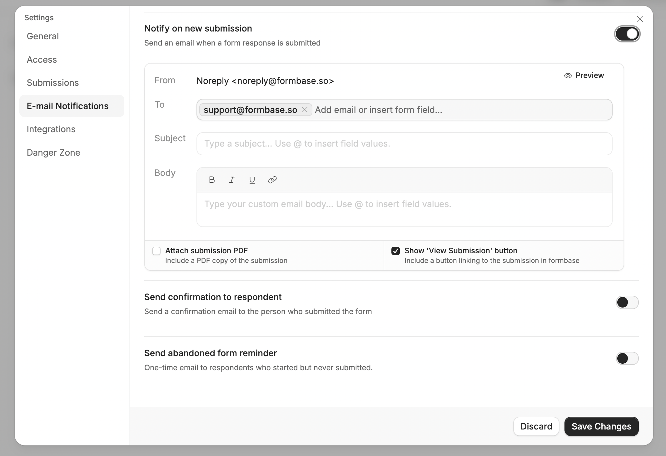 Enable email notifications through form settings