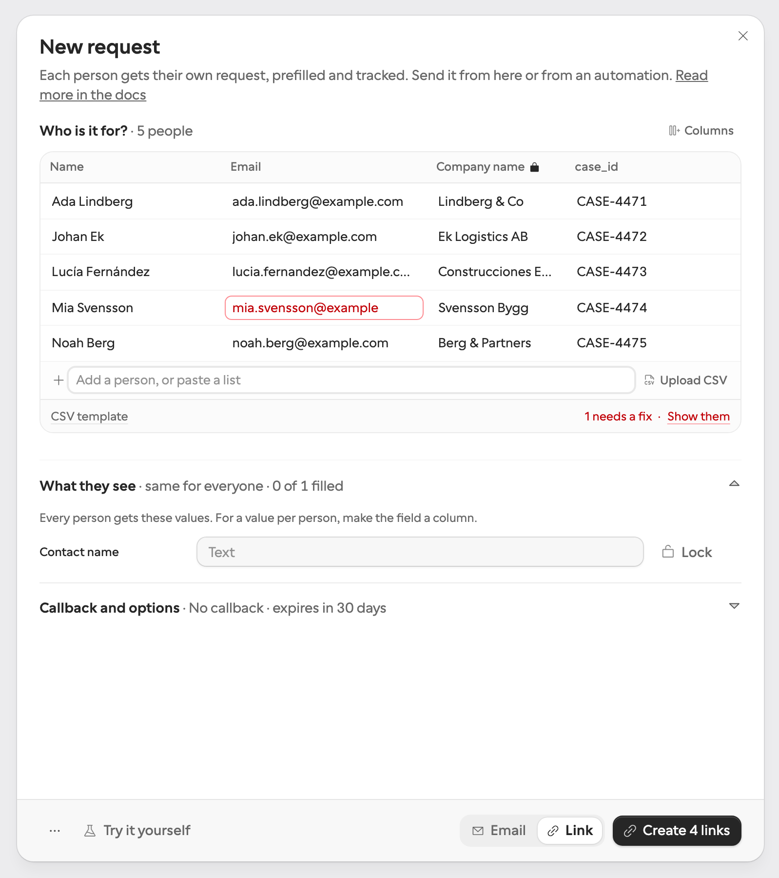 The New request sheet in Several people mode: an input row with Upload CSV, a table of five people with Company name and case_id columns, one address outlined red, and Create 4 links in the footer