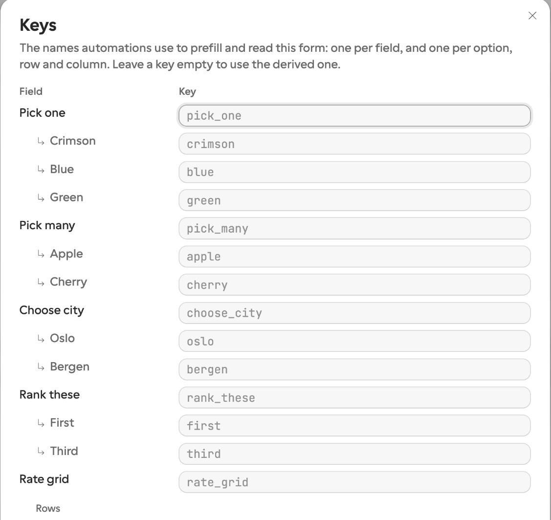 The Keys table listing pick_one with its options crimson, blue and green, and a matrix with its rows and columns