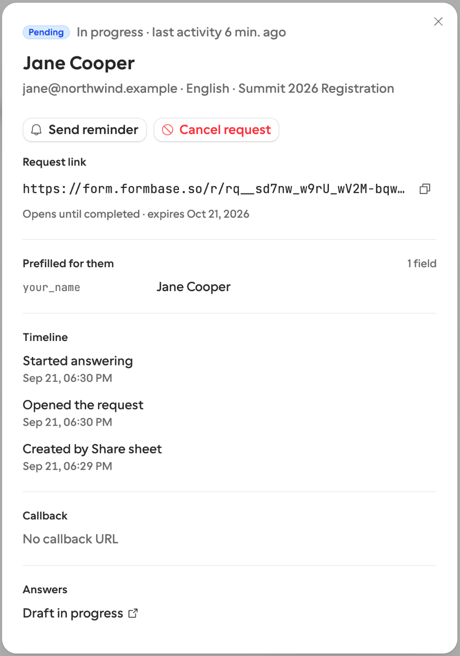 The request drawer showing the link, prefilled values, timeline, callback, and answers
