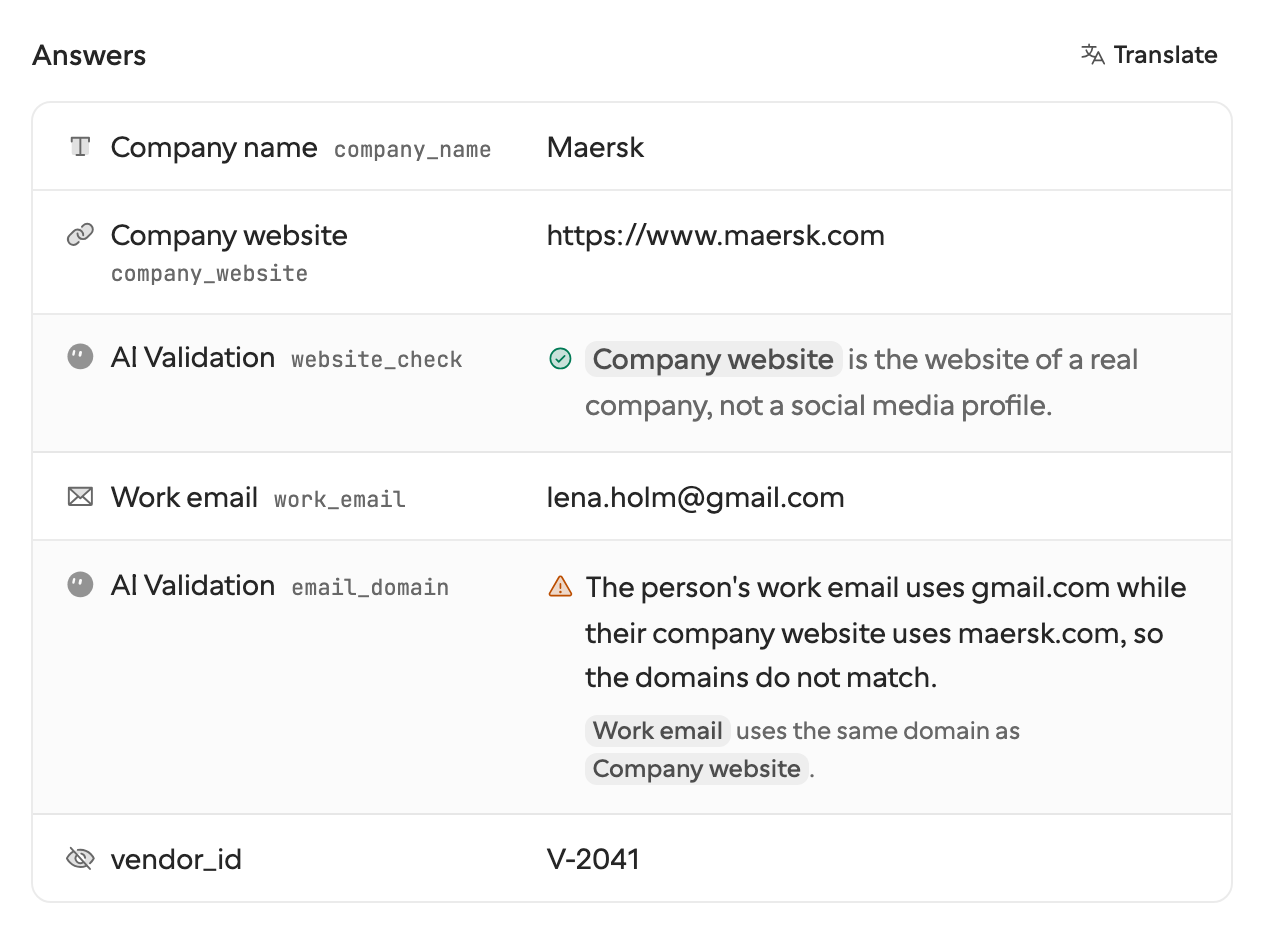 A request's answers: Company website passed its AI Validation, and the Work email check is flagged because the email uses gmail.com instead of the company's domain.