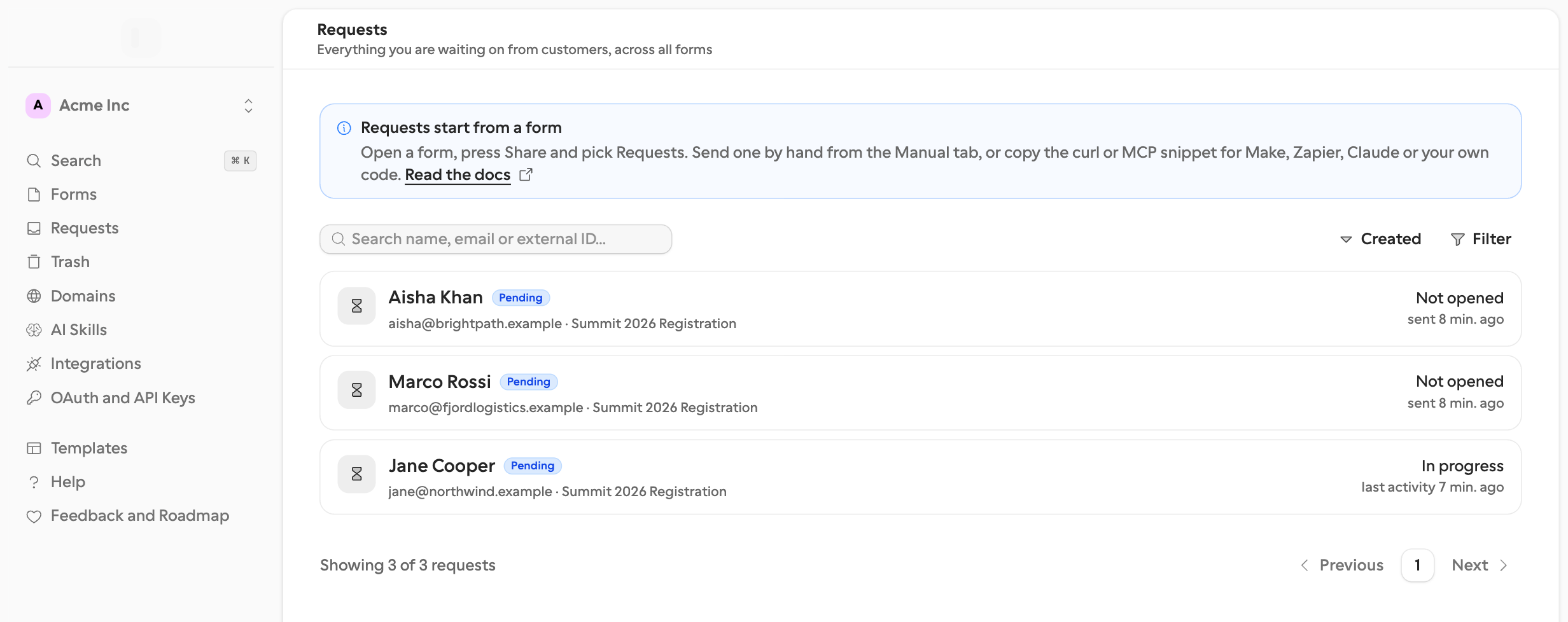 The Requests page listing three pending requests with their progress