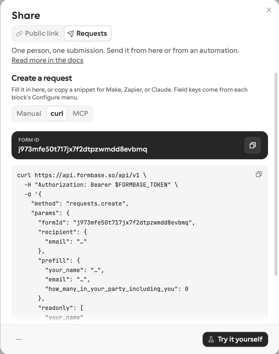 The Requests tab on its curl tab, showing the form id and a ready-made requests.create call
