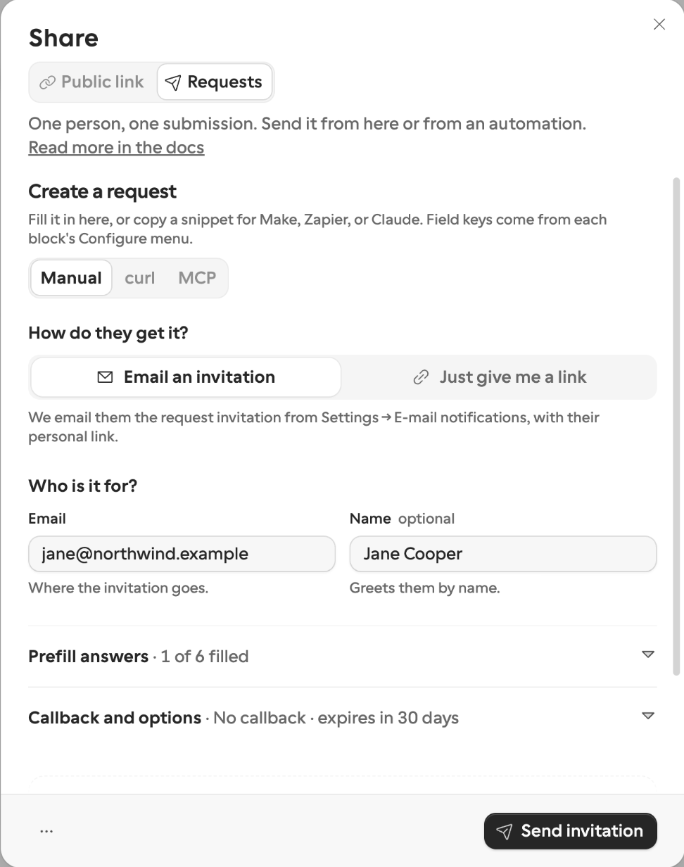 The Share sheet with the Public link and Requests tabs, Requests selected