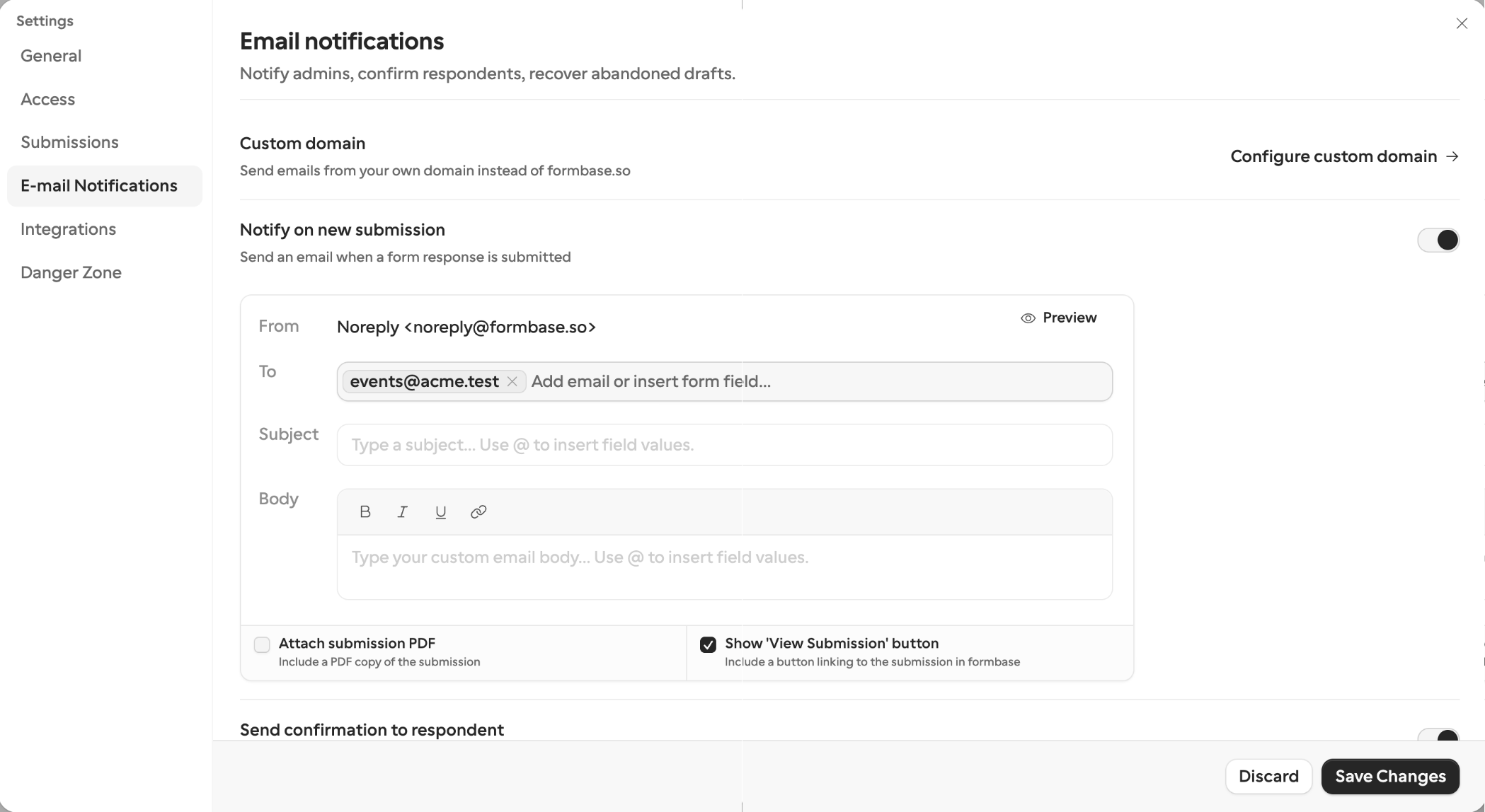 Form settings on the E-mail Notifications tab, with Notify on new submission switched on